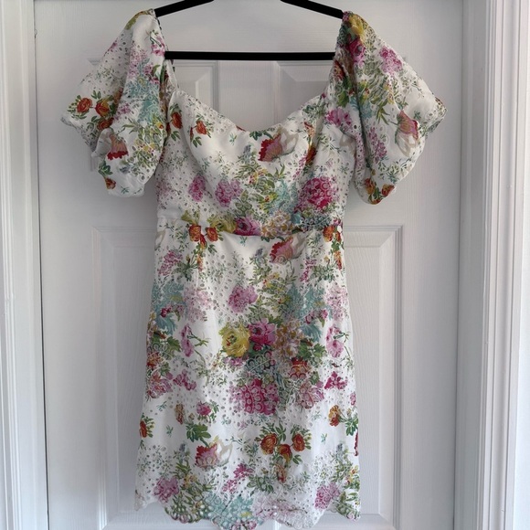 FORE White Lace Floral Print Mini Dress Puff Sleeves L - Picture 11 of 15